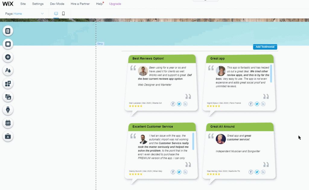 After adding Testimonial Builder to Wix website
