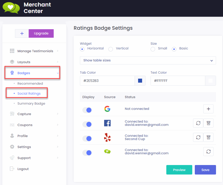 Social Ratings Badge Options