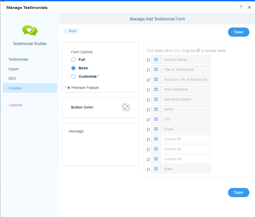 Manage Add Testimonial Form