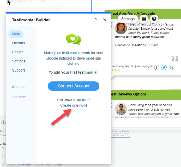 Create Account Testimonial Builder For Wix