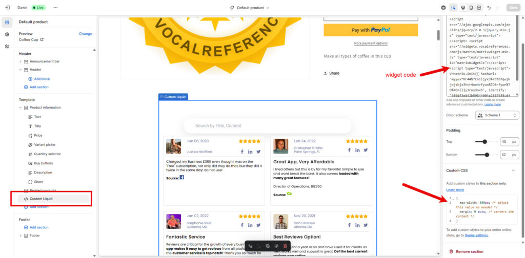 Add reviews display code to your shopify via liquid code