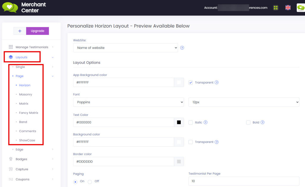Select the Reviews display layout you wish to add to your Shopify site.