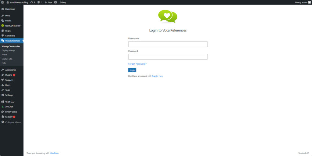 Wordpress Plugin Vocalreferences Login Page