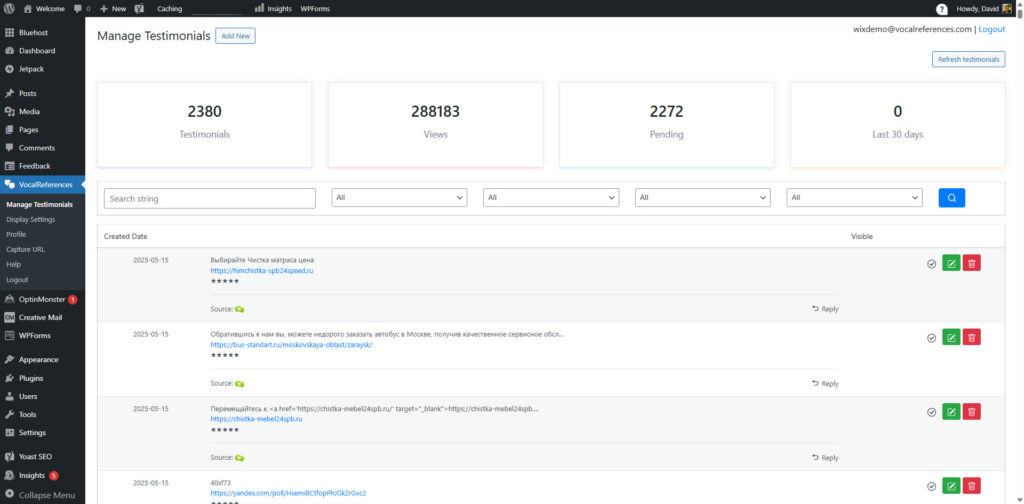 Wordpress Plugin manage your testimonials